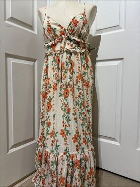 Band of the Free Los Angeles Women’s Cream Floral Maxi Dress with Orange Blooms